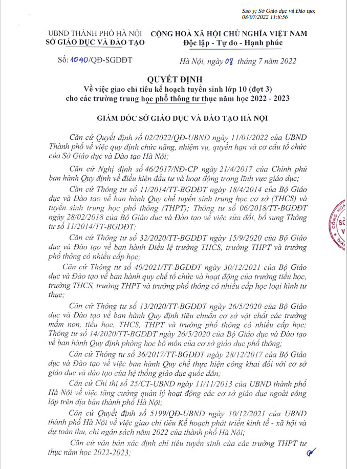 Chỉ tiêu tuyển sinh vào lớp 10 cho trường THPT Lê Hồng Phong năm 2022-2023