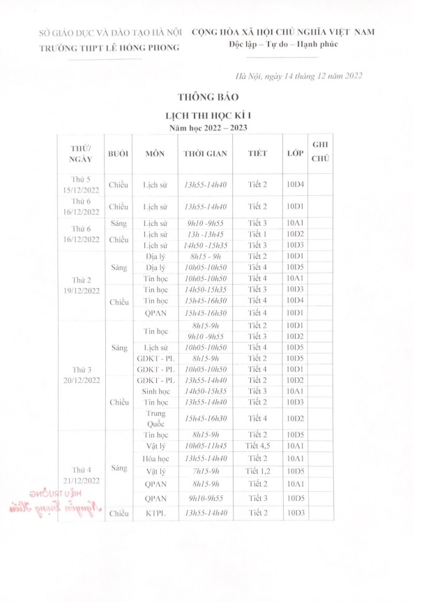 Lịch thi HKI Của Năm học 2022 – 2023