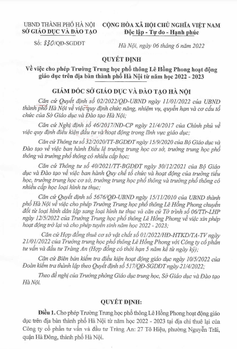 Quyết định cho phép trường hoạt động tiếp tục trên địa bàn Hà Nội