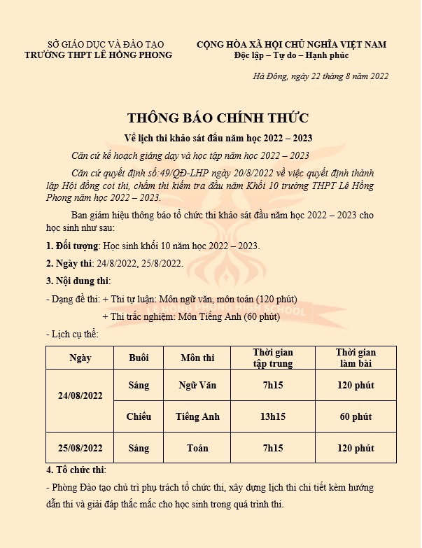 Thông báo lịch thi khảo sát đầu năm học 2022 – 2023