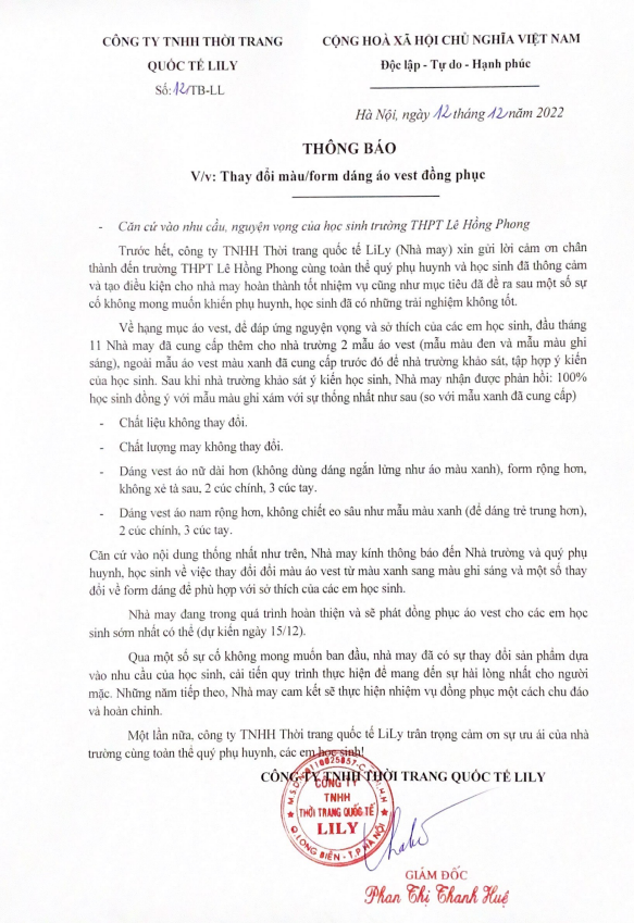 Thôgn báo thay đổi đồng phục Thôgn báo thay đổi đồng phục