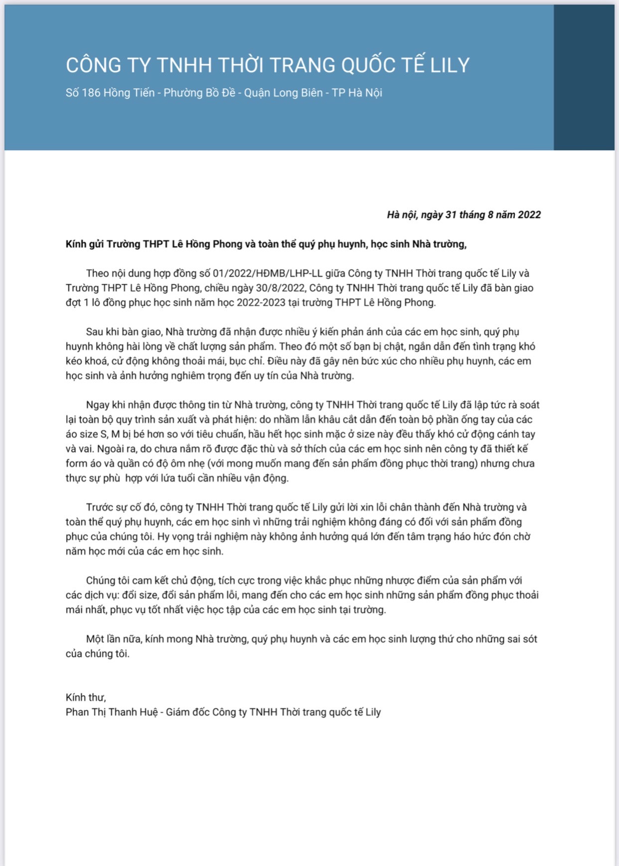 Lời xin lỗi của Công ty TNHH Thời trang quốc tế Lily