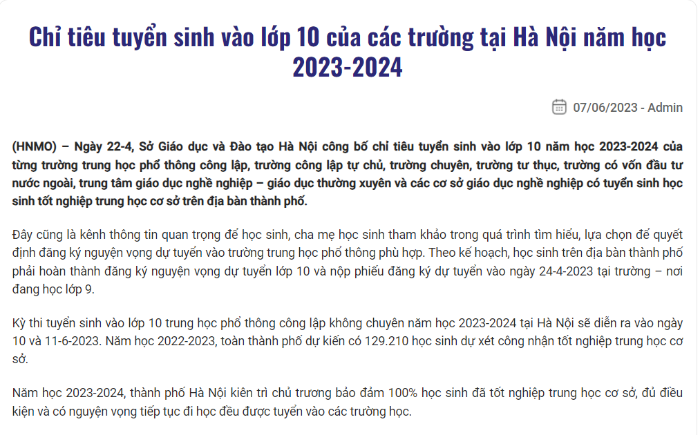 Chỉ tiêu tuyển sinh vào lớp 10 của các trường tại Hà Nội năm học 2023-2024