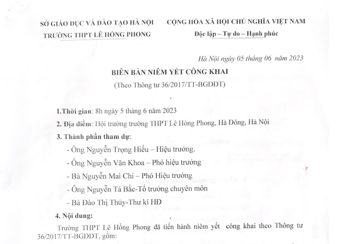 Biên bản niêm yết công khai ngày 5/6/2023 trường Lê Hồng Phong Hà Đông