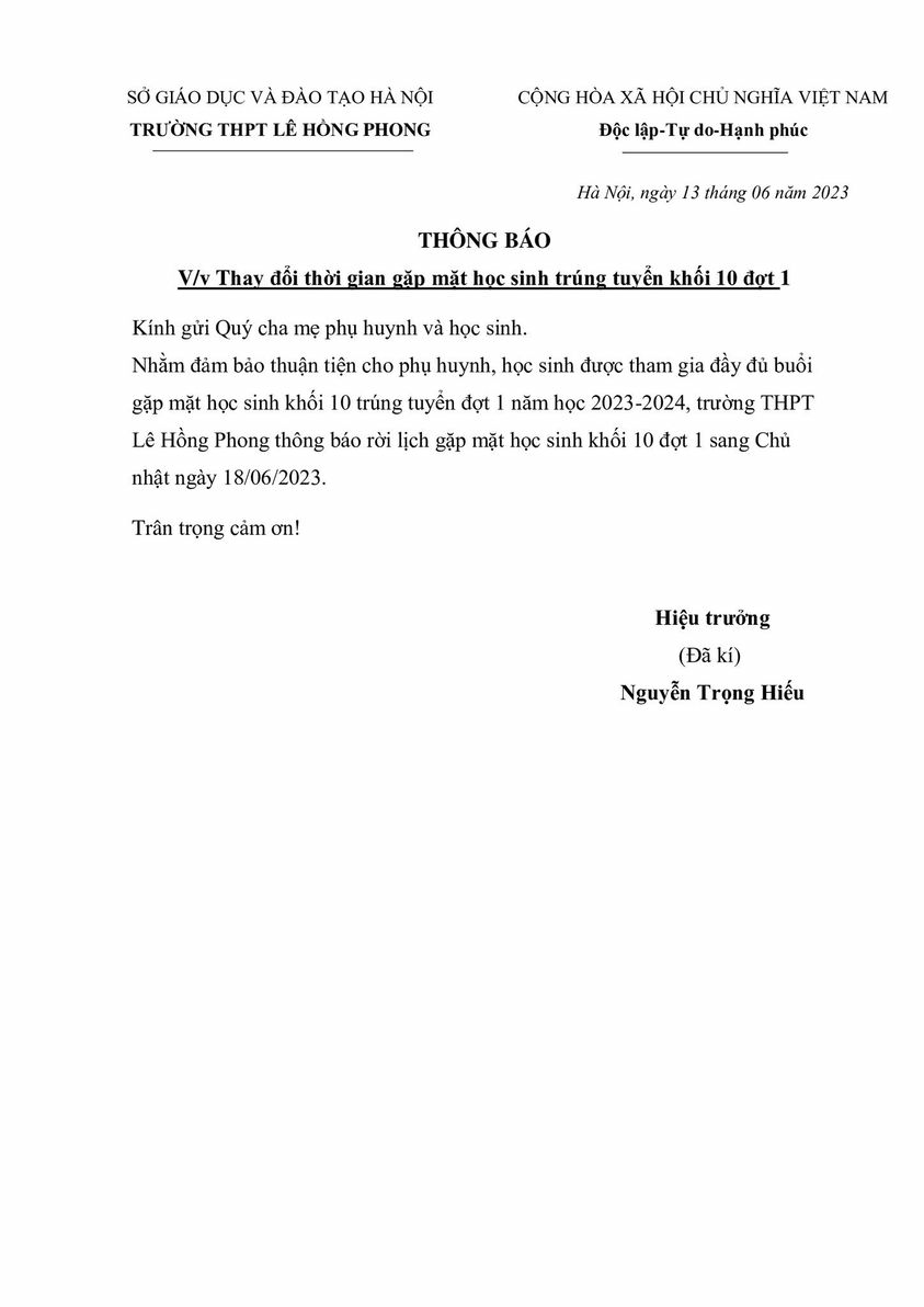 Thông Báo Thời Gian Gặp Mặt H/S Trúng Tuyển Khối 10( Đợt 1)