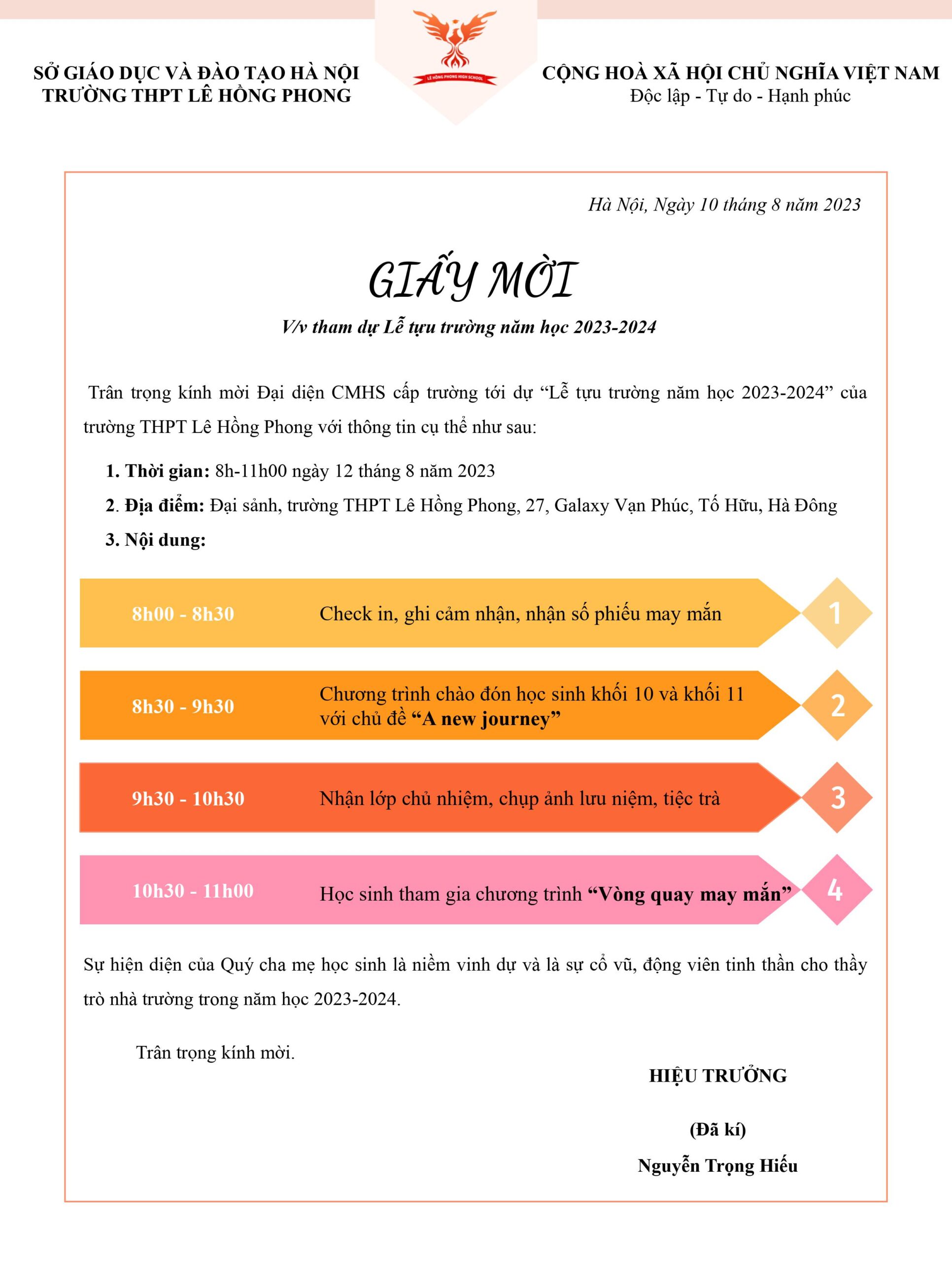 Giấy mời tham dự Lễ tựu trường năm học 2023-2024
