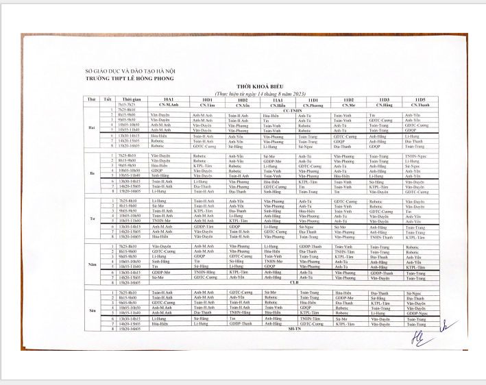 Thời khoá biểu và thời gian biểu thực hiện từ ngày 14 tháng 8 năm 2023 trường Lê Hồng Phong