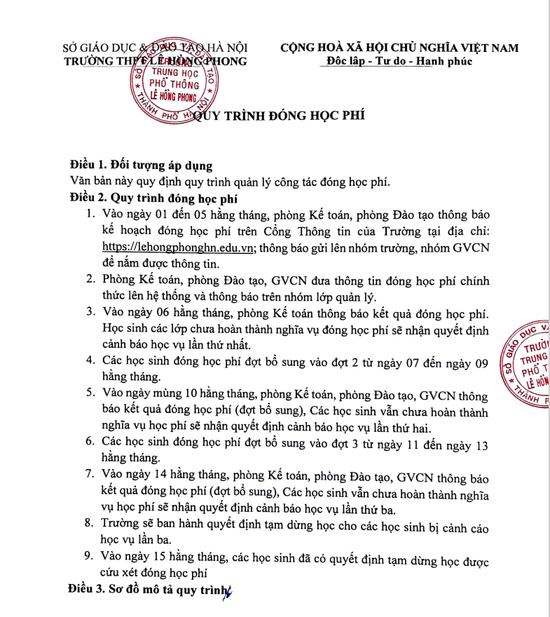 Quy trình đóng học phí trường THPT Lê Hồng Phong Hà Đông