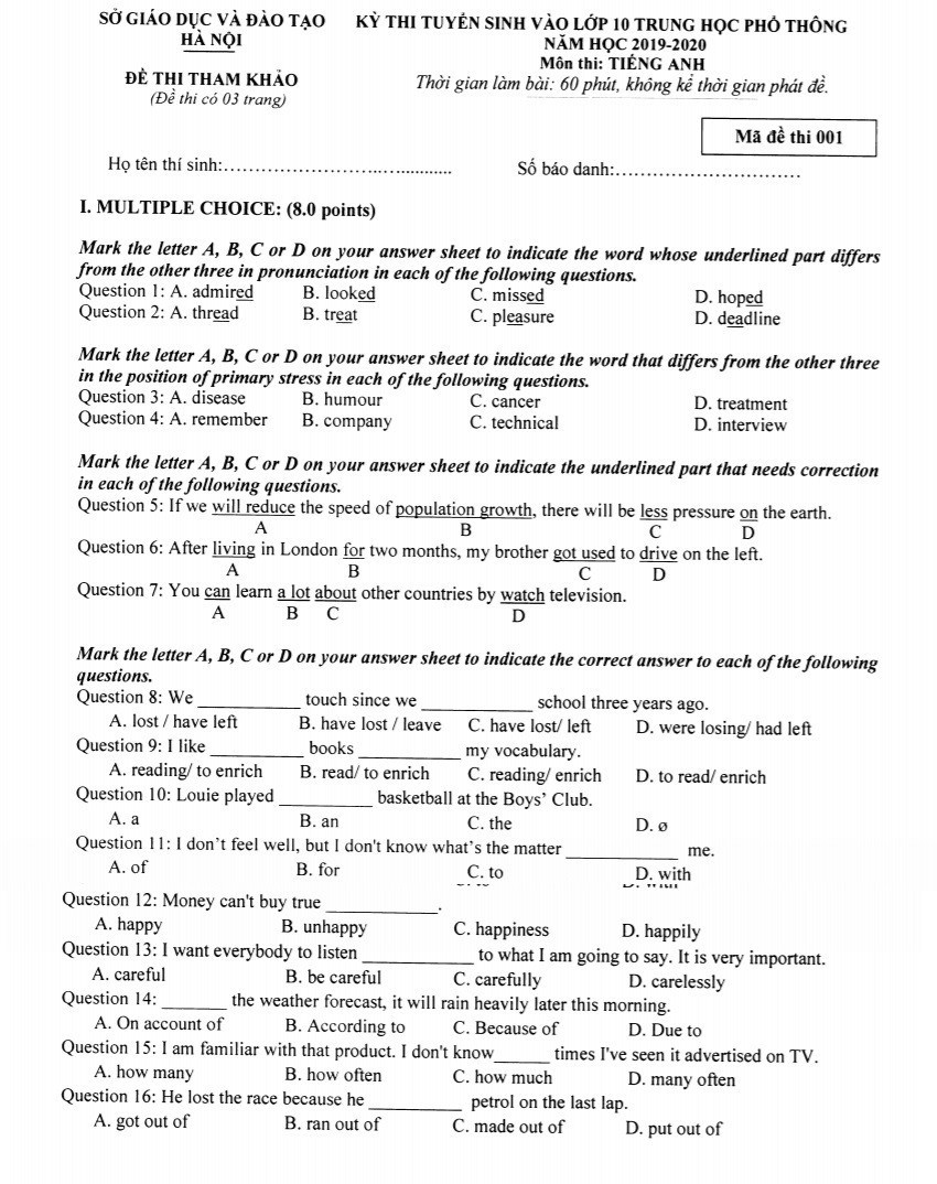 Đề thi môn tiếng anh vào lớp 10 năm 2019