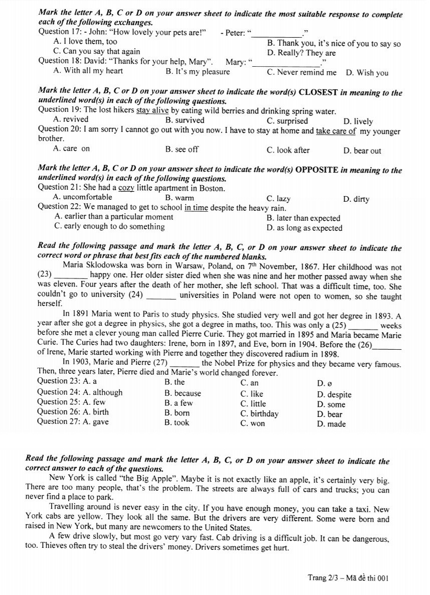 Đề thi môn tiếng anh vào lớp 10 năm 2019