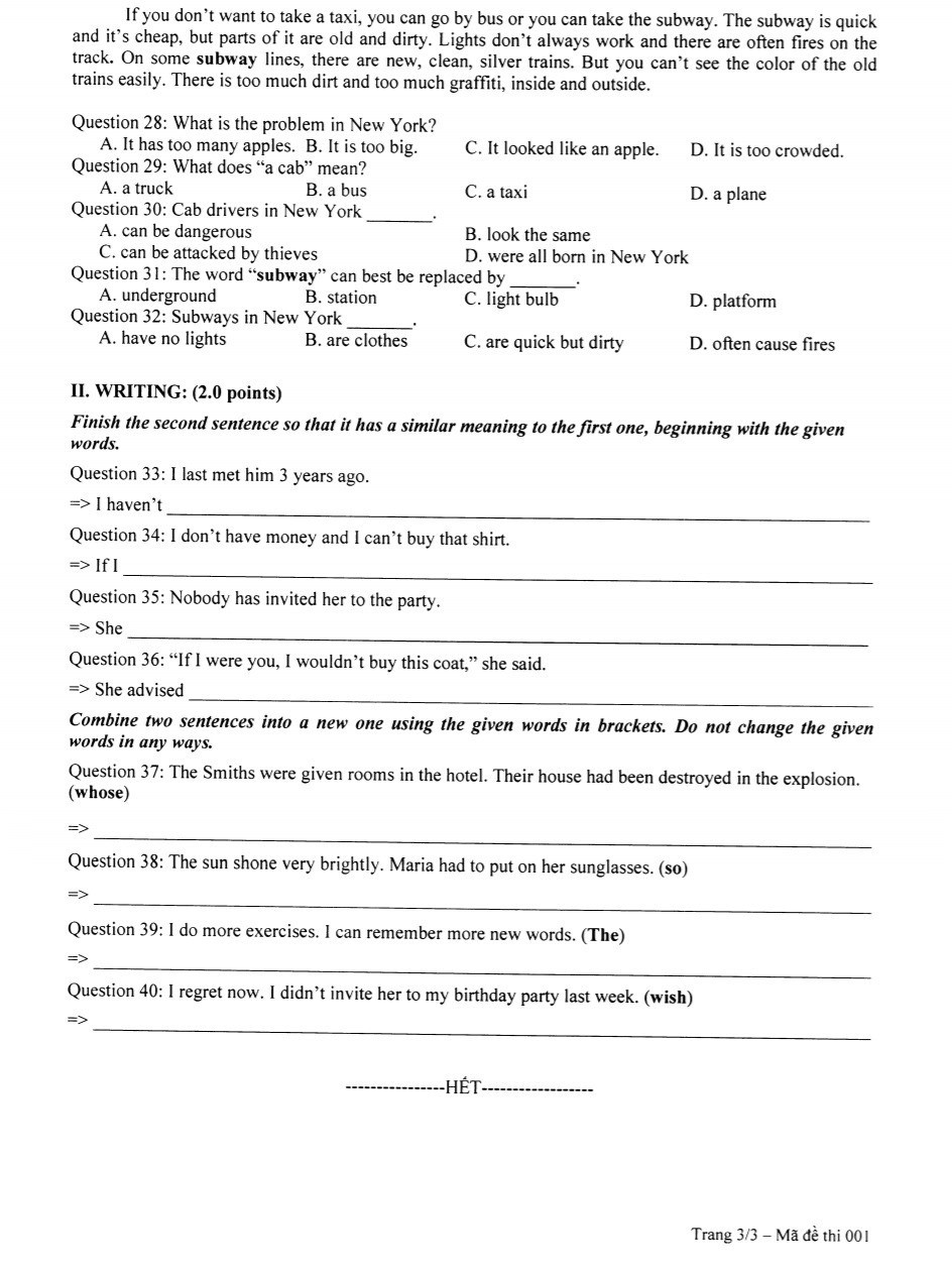 Đề thi môn tiếng anh vào lớp 10 năm 2019