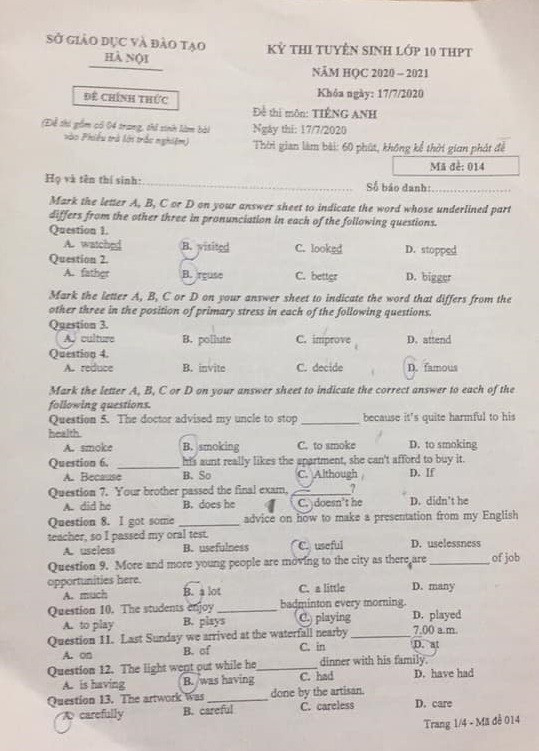 Đề thi môn tiếng anh vào lớp 10 năm 2020