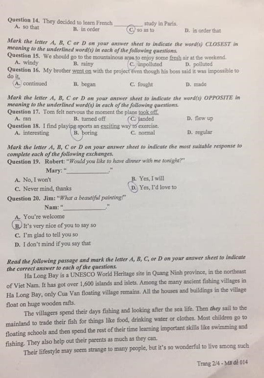 Đề thi môn tiếng anh vào lớp 10 năm 2020
