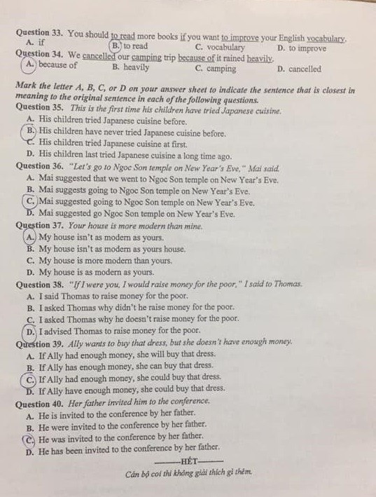 Đề thi môn tiếng anh vào lớp 10 năm 2020