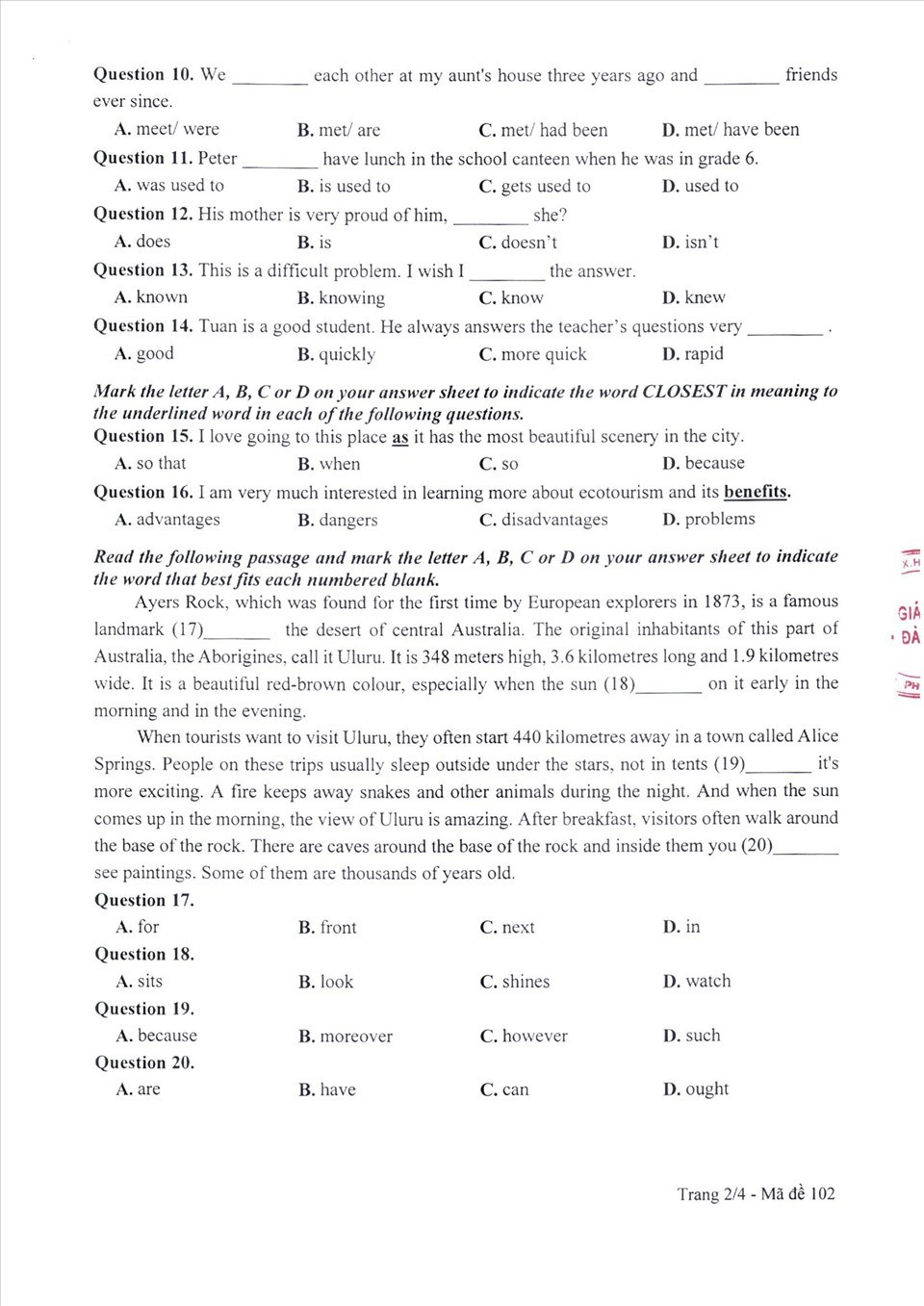 Đề thi môn tiếng anh vào lớp 10 năm 2021