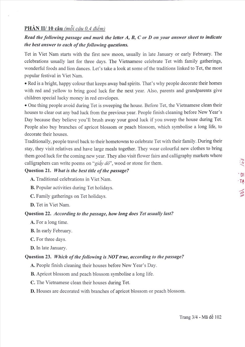 Đề thi môn tiếng anh vào lớp 10 năm 2021