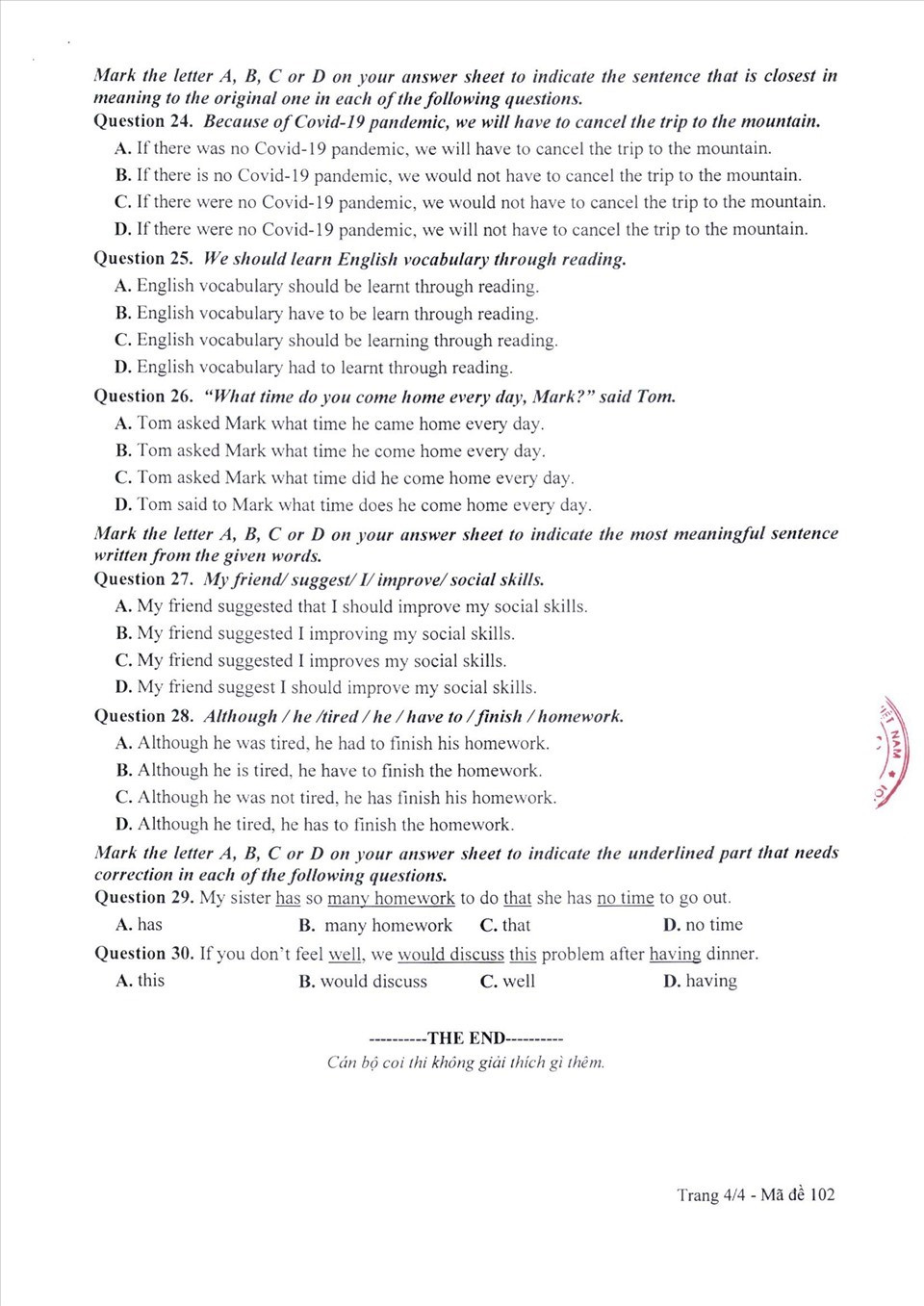 Đề thi môn tiếng anh vào lớp 10 năm 2021