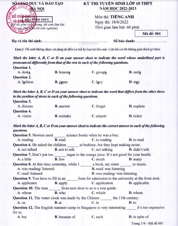 Đề thi môn tiếng anh vào lớp 10 năm 2022