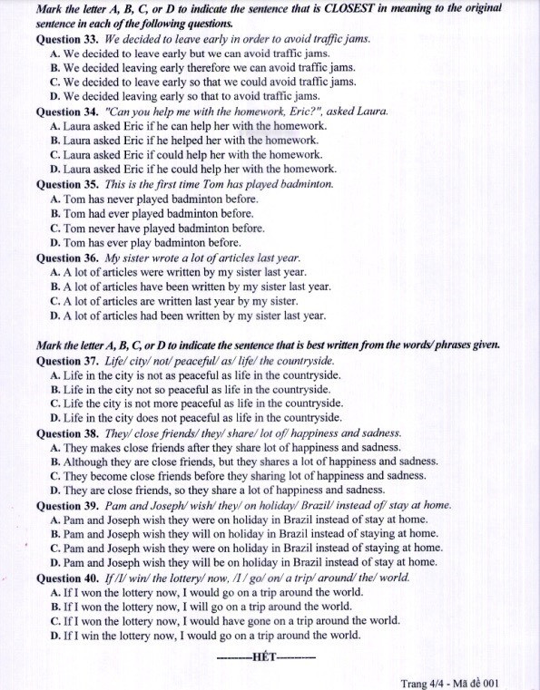 Đề thi môn tiếng anh vào lớp 10 năm 2022