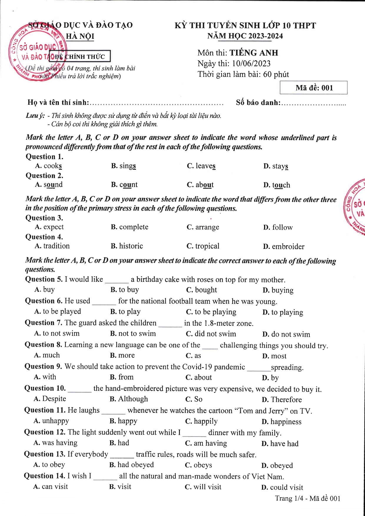 Đề thi môn tiếng anh vào lớp 10 năm 2023