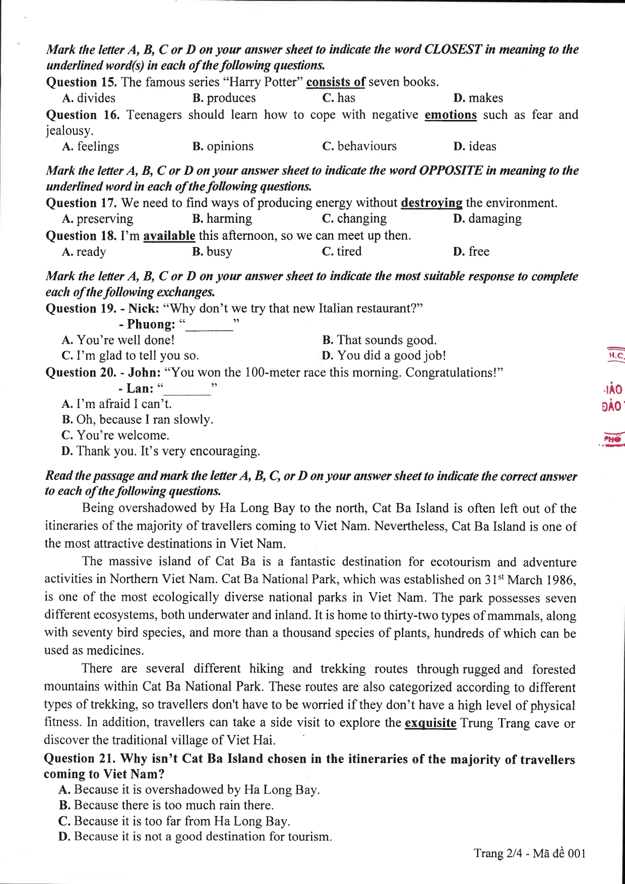 Đề thi môn tiếng anh vào lớp 10 năm 2023