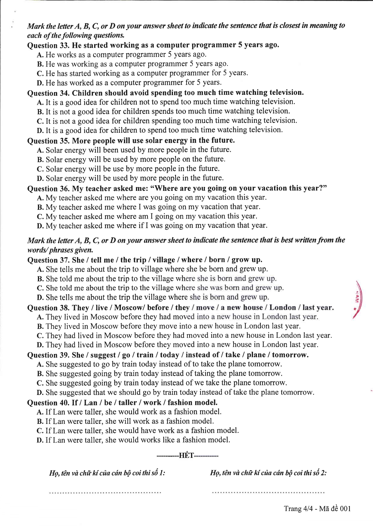 Đề thi môn tiếng anh vào lớp 10 năm 2023