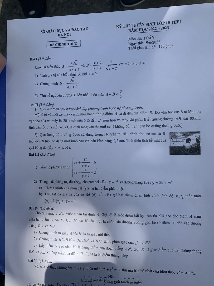 Đề thi môn Toán vào lớp 10 năm 2022