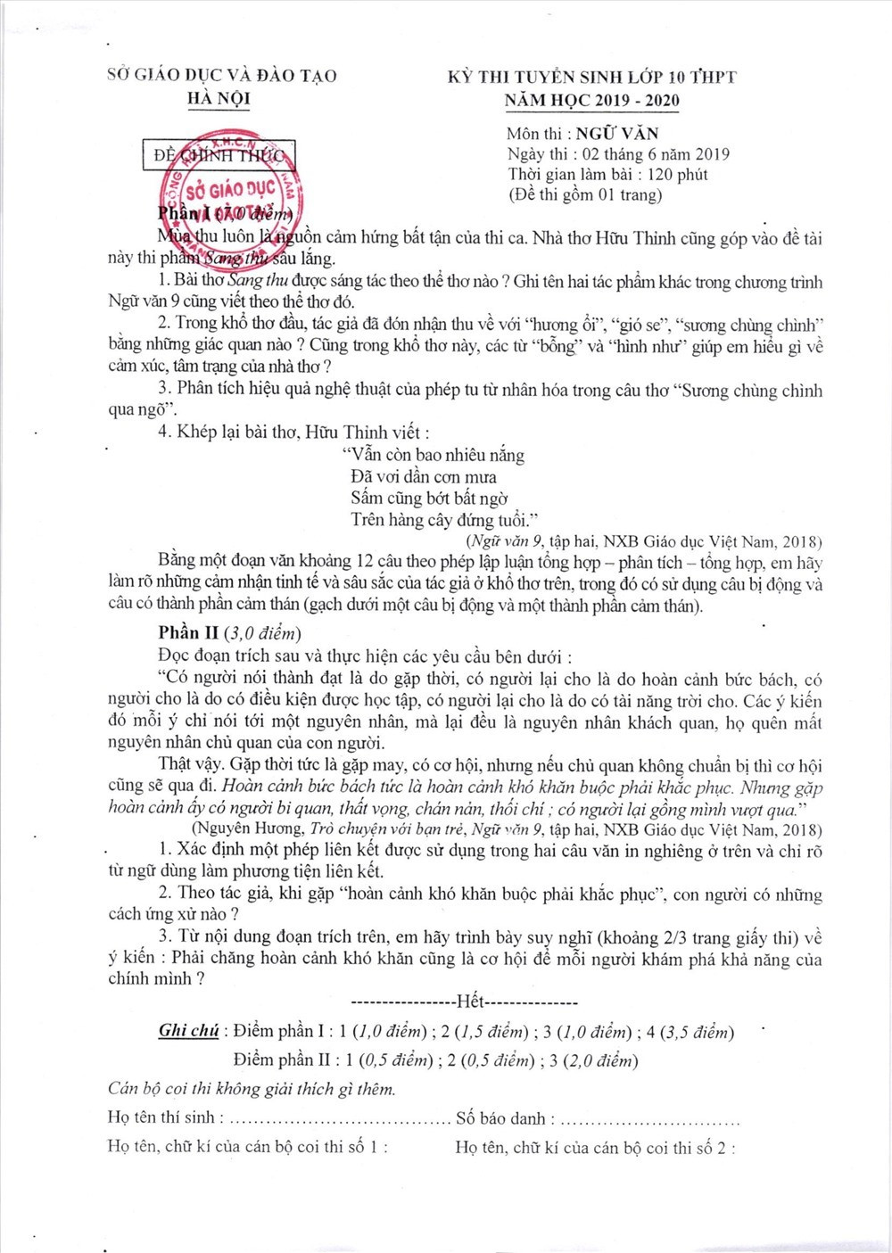 Đề thi môn ngữ văn vào lớp 10 năm 2019