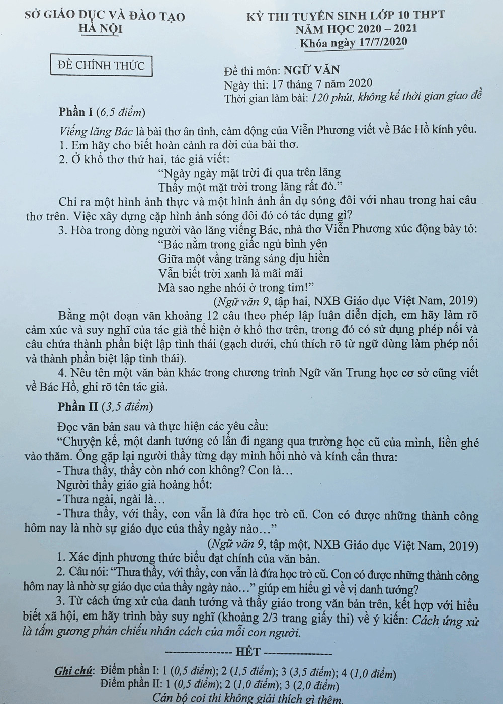 Đề thi môn ngữ văn vào lớp 10 năm 2020