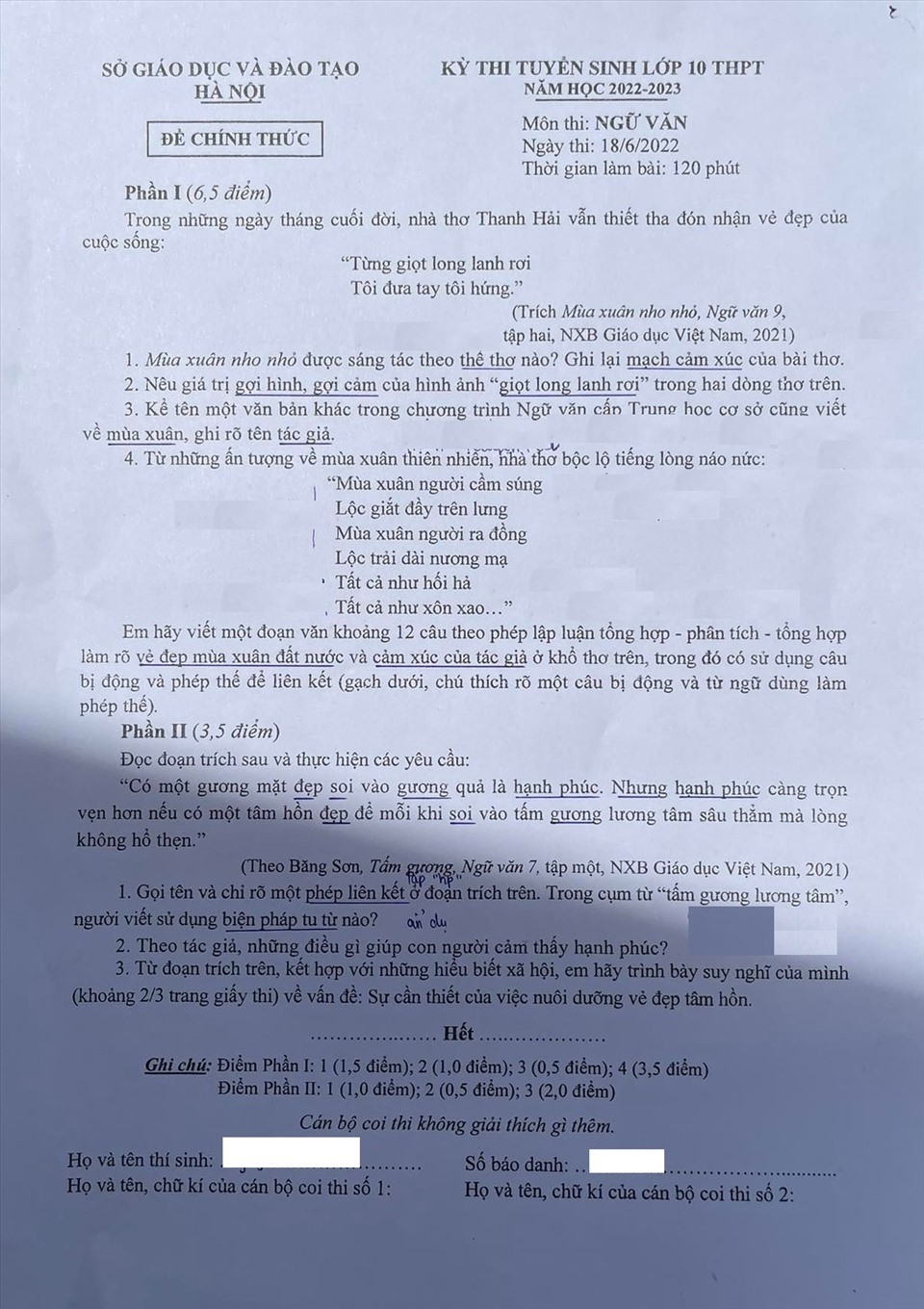 Đề thi môn ngữ văn vào lớp 10 năm 2022
