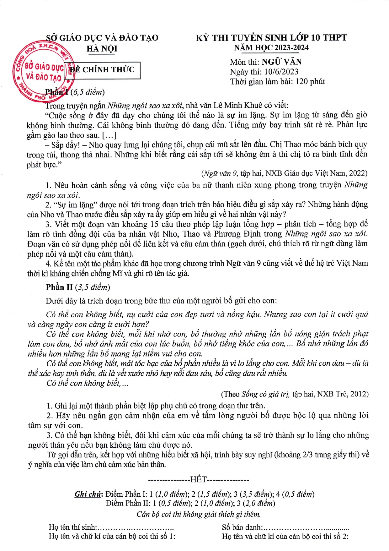 Đề thi môn ngữ văn vào lớp 10 năm 2023