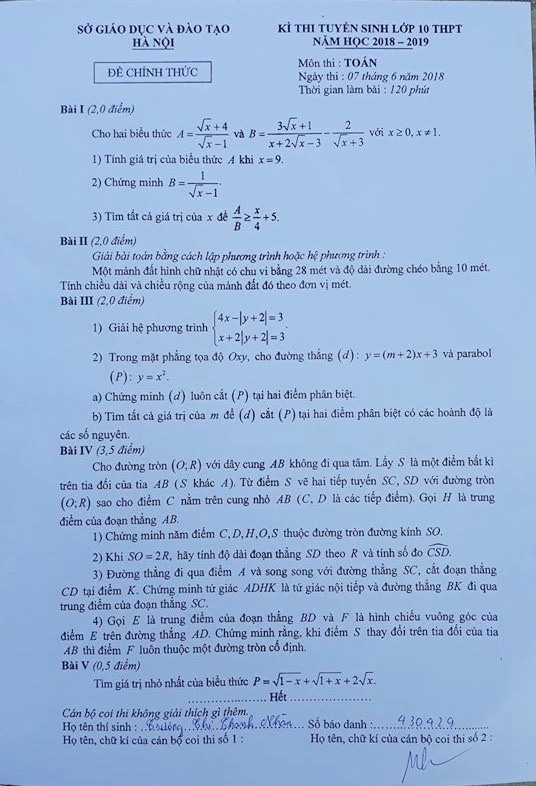 Đề thi môn Toán vào lớp 10 năm 2018