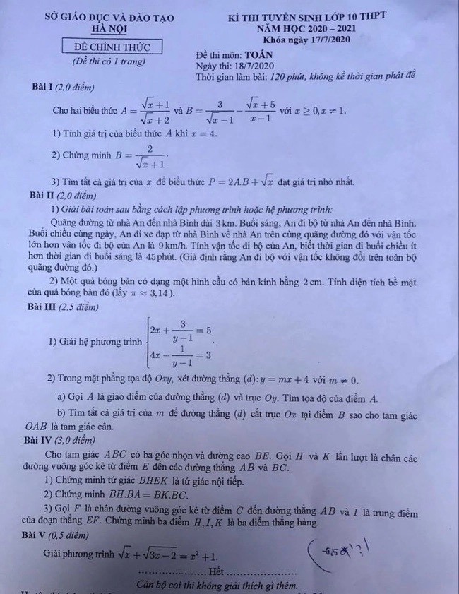 Đề thi môn Toán vào lớp 10 năm 2020