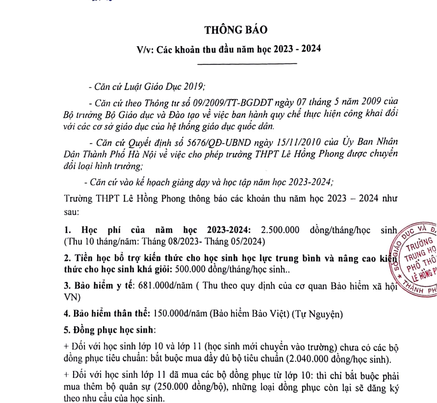 Trường LHP thông báo các khoản thu đầu năm học 2023-2024