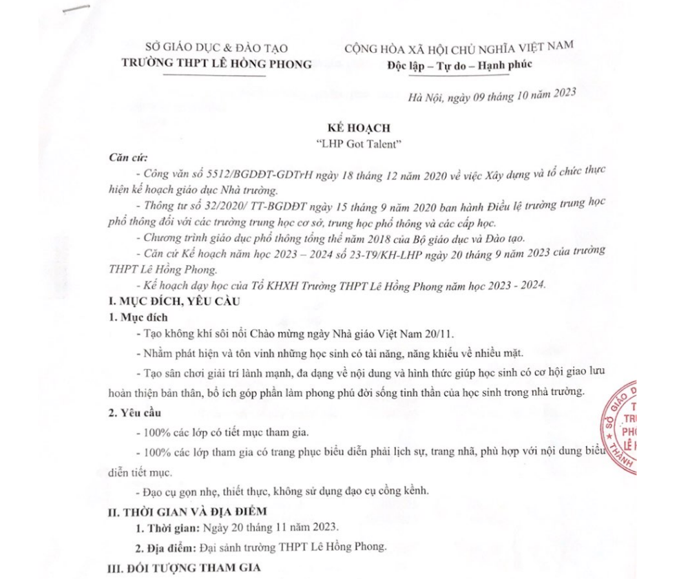 Trường Lê Hồng Phong thông báo kế hoạch tổ chức sự kiện “LHP Got Talent”