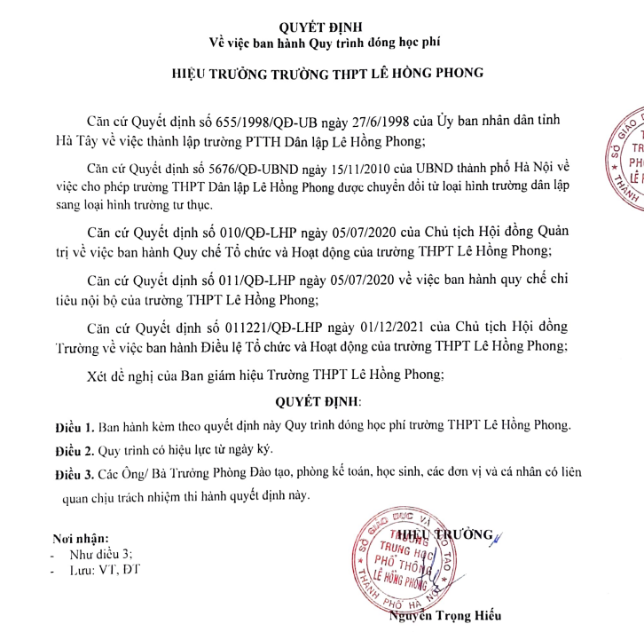 Trường THPT Lê Hồng Phong thông tin về quy trình đóng học phí