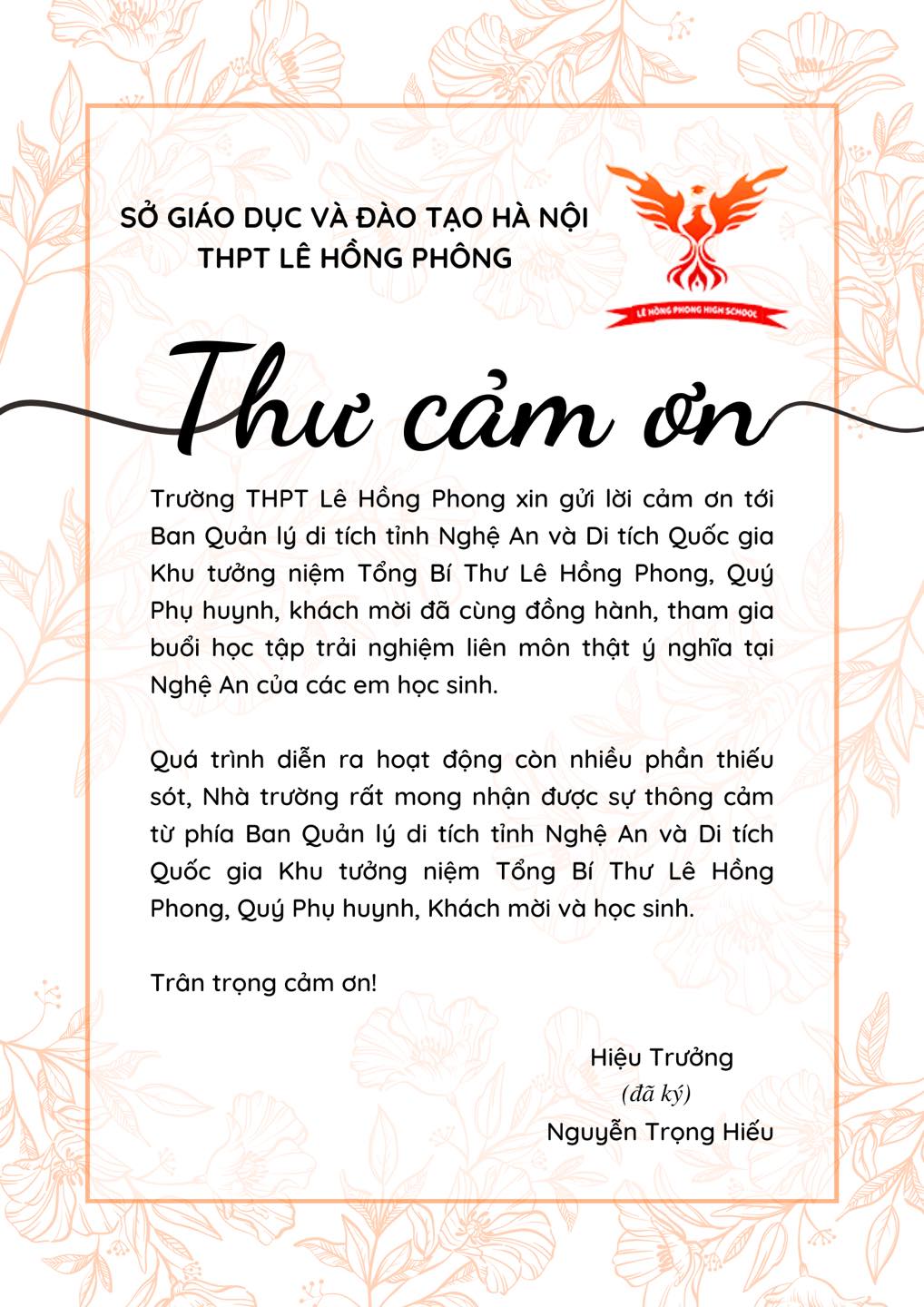 Thư cảm ơn sau chuyến học tập liên môn tại Nghệ An