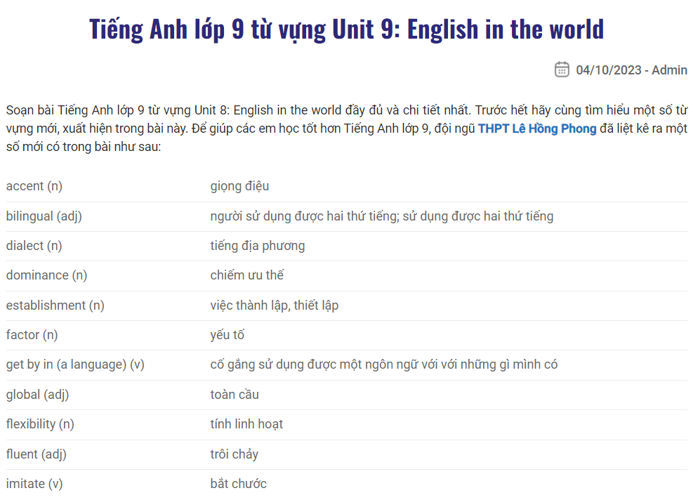 Tiếng Anh lớp 9 từ vựng Unit 9: English in the world