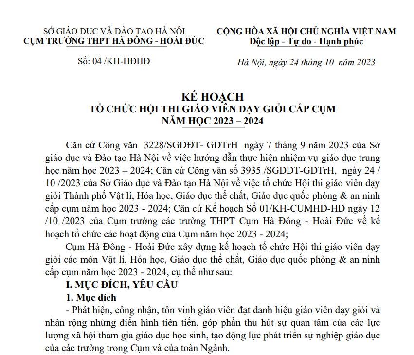 Thông báo kế hoạch Tổ chức Hội thi giáo viên giỏi cấp cụm
