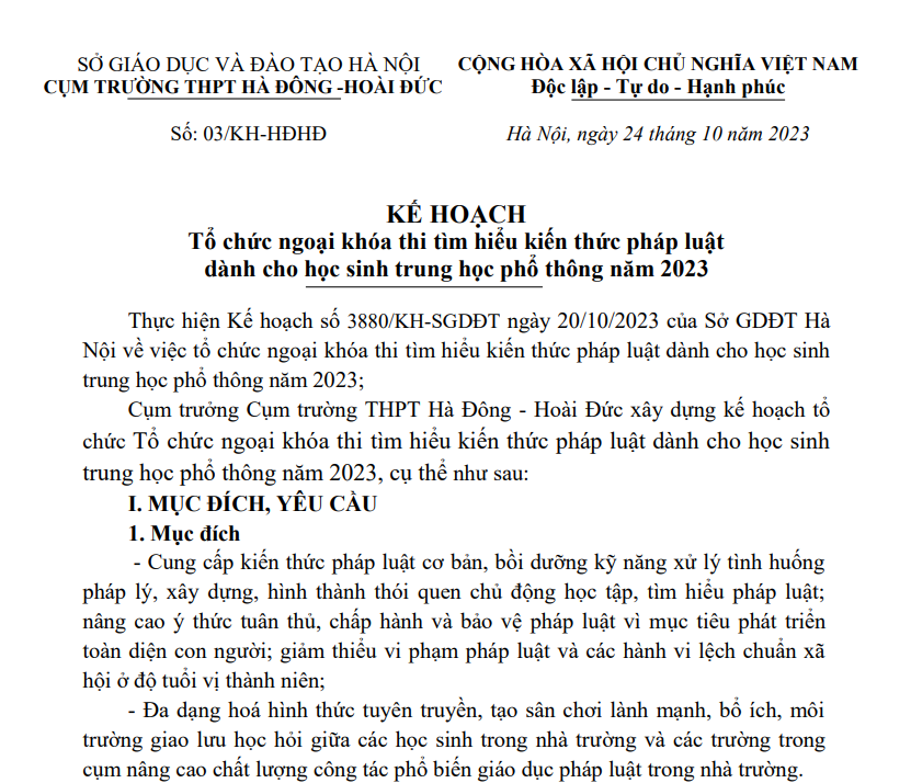 Kế hoạch tổ chức cuộc thi THPL cho học sinh phổ thông năm học 2023