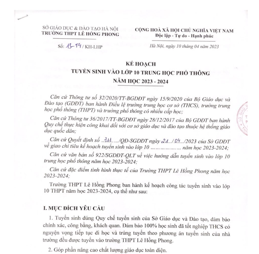 Kế hoạch tuyển sinh vào lớp 10 trung học phổ thông năm học 2023-2024