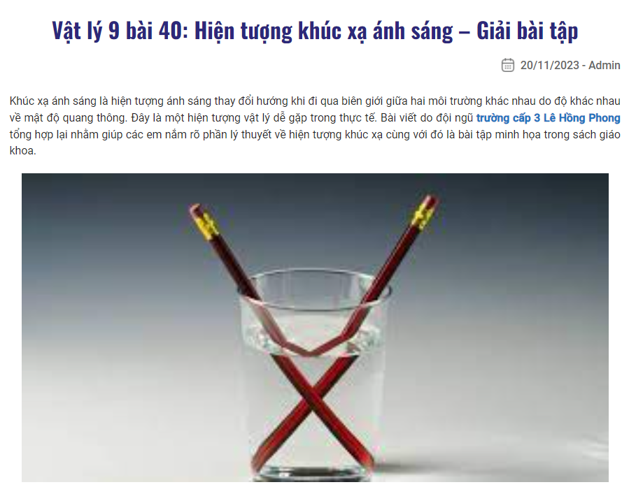 Vật lý 9 bài 40: Hiện tượng khúc xạ ánh sáng – Giải bài tập