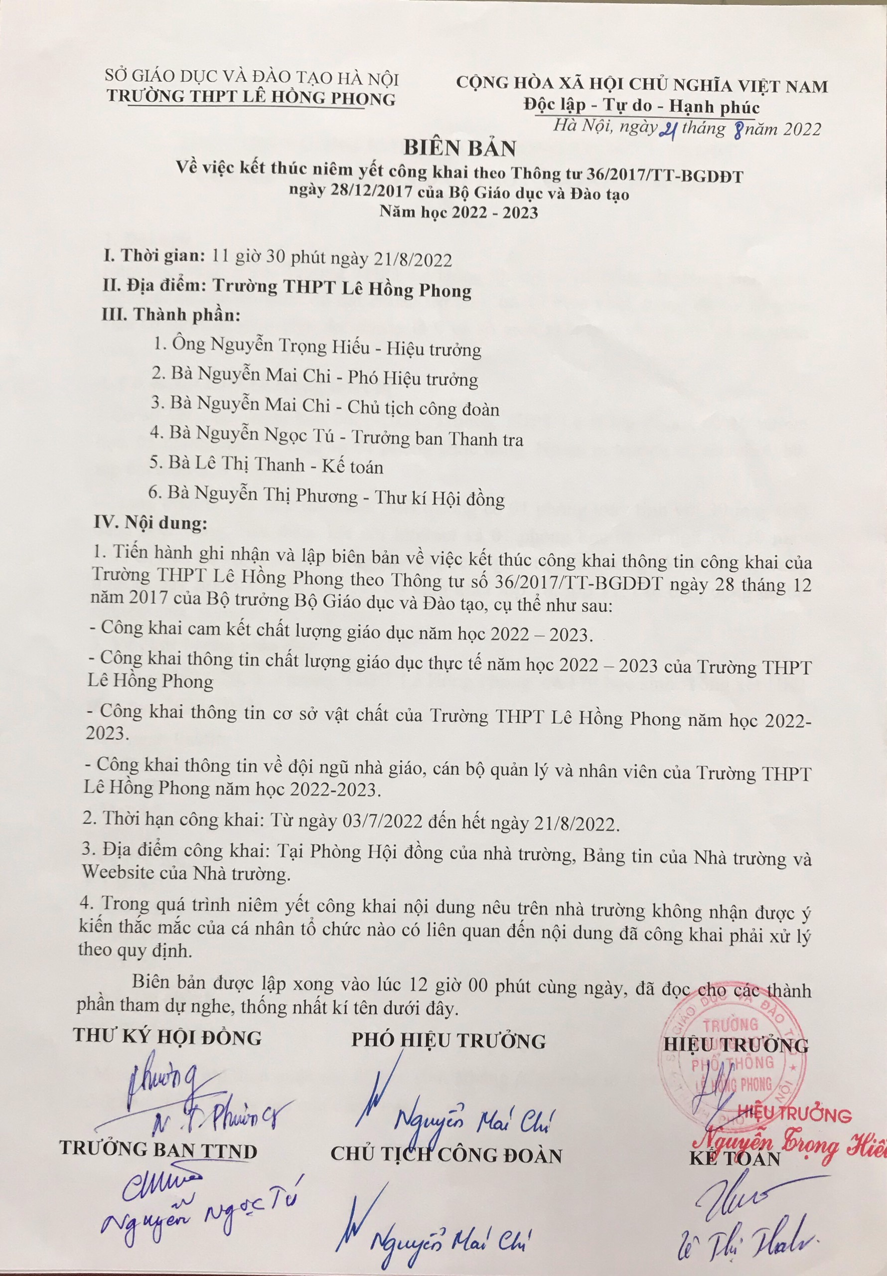 Biên bản việc kết thúc niêm yết công khai năm học 2022-2023