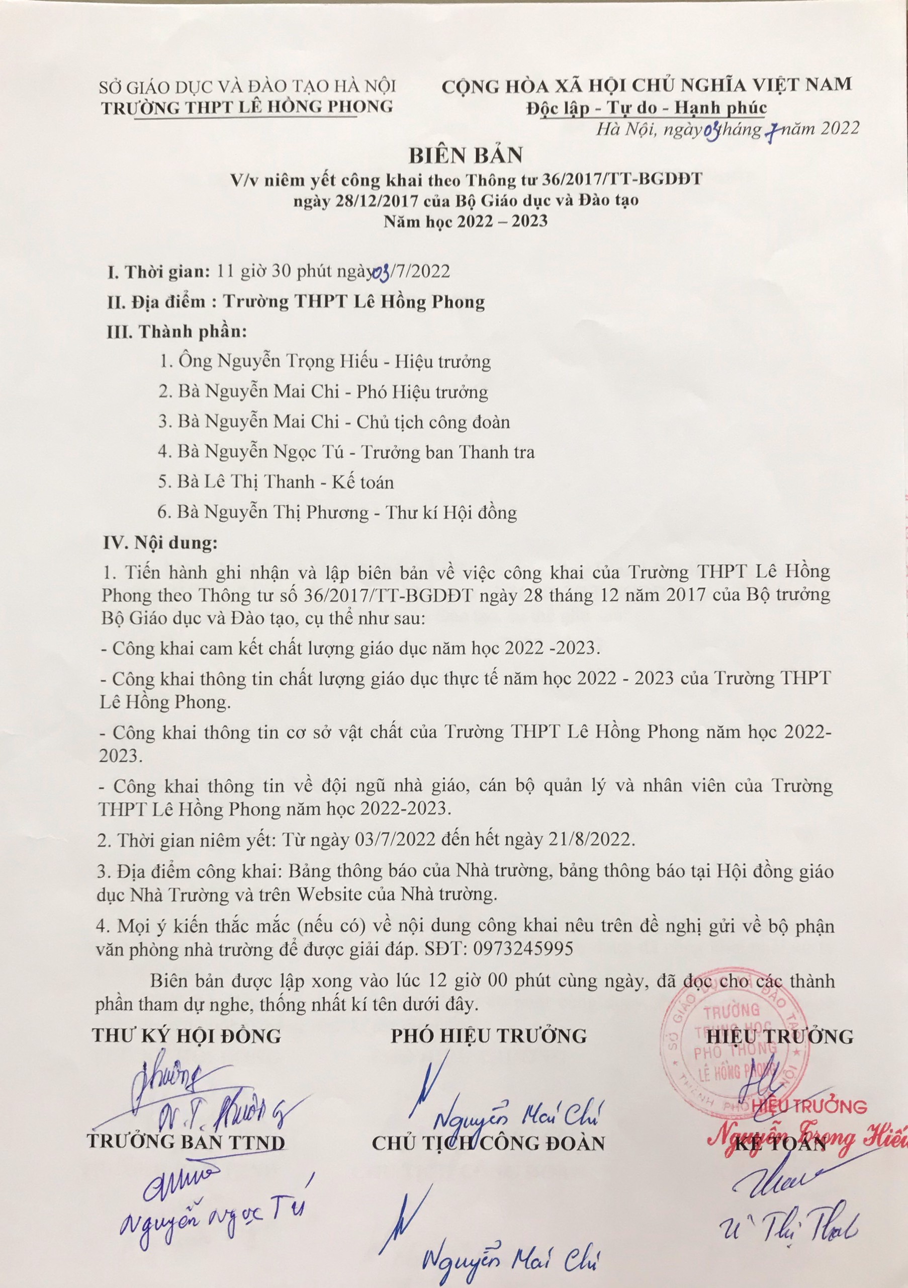 Biên bản niêm yết công khai trường Lê Hồng Phong