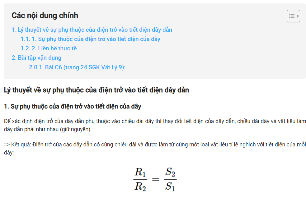 Sự Phụ Thuộc Của Điện Trở Vào Tiết Diện Dây Dẫn
