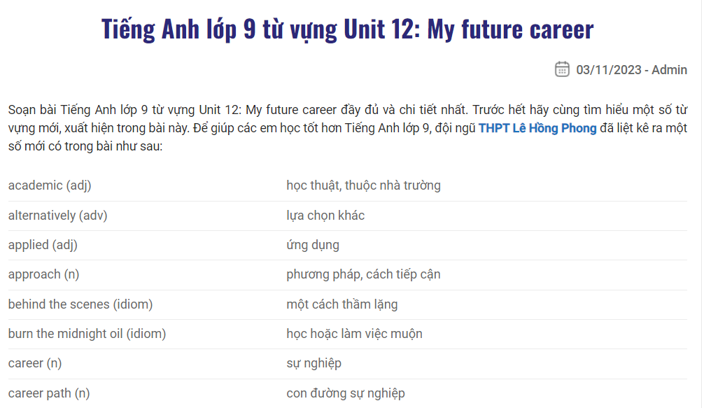 Tiếng Anh lớp 9 từ vựng Unit 12: My future career