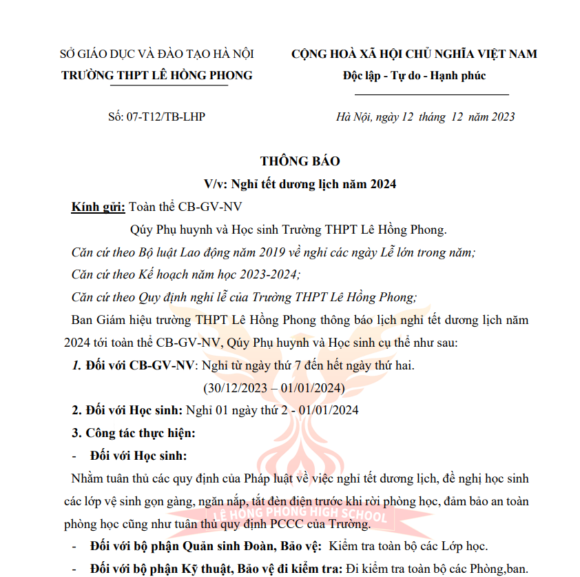 Trường THPT Lê Hồng Phong thông báo nghỉ Tết Dương Lịch 2024
