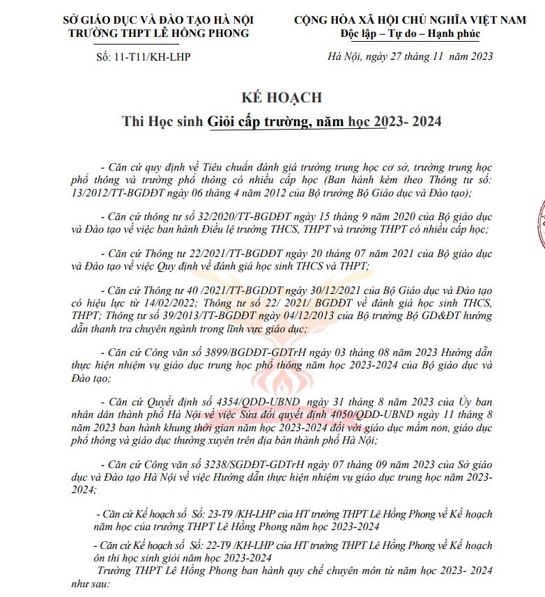 Kế hoạch thi Học sinh Giỏi cấp trường, năm học 2023- 2024