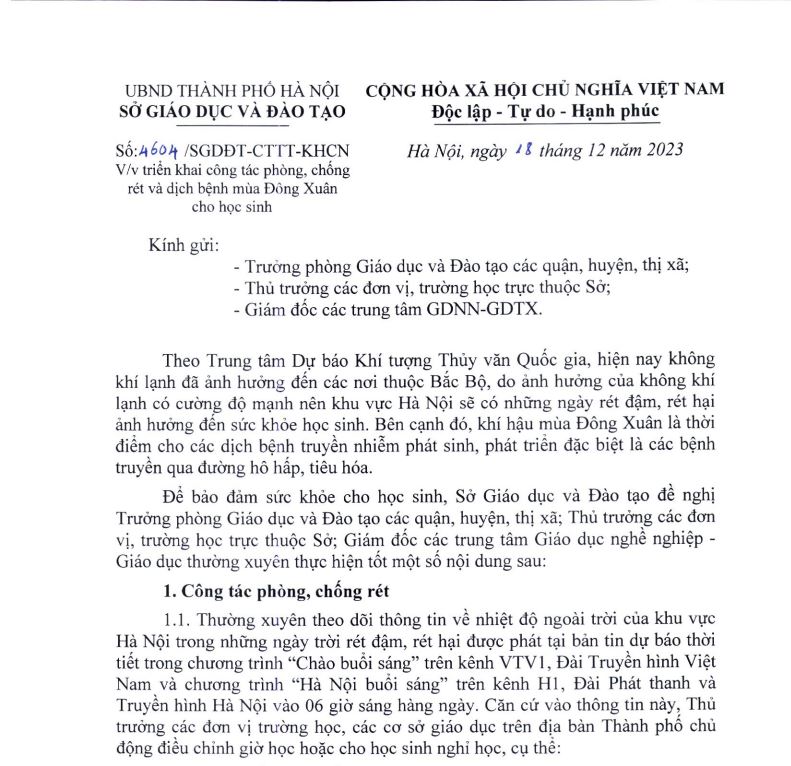 Công văn 4604 phòng chống rét và dịch bệnh mùa Đông Xuân