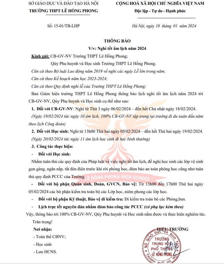 Thông báo lịch nghỉ Tết âm lịch năm 2024 trường Lê Hồng Phong Hà Đông